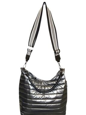 THINK ROYLN Quilted Puffer Hobo Shoulder Bag Crossbody Handbag Metallic Gunmetal